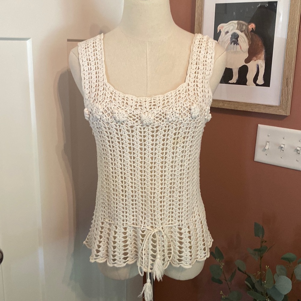 Vintage handmade cream tie tassel waist rosette details crochet S tank top